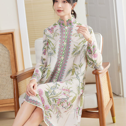 Elegant Mom Dress Early Autumn 2026 New Miyake High-End Plus Size Printed Age-Reducing Stylish Pleated Shirt Dress