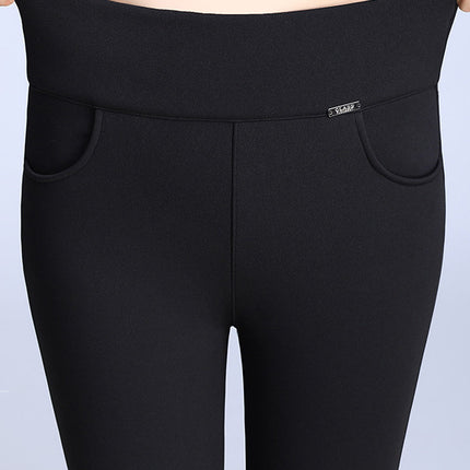 New fleece-lined 100.00kg Chubby M Fall/Winter Pants Women's High Waist Outerwear Mom's Elastic Warm Elastic Slim Casual Pants