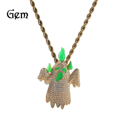 Hip-Hop Cute Colorfulful Luminous Ghost Pendant Necklace Niche Street Stylish Diamond Cartoon Sweater Chain Jewelry