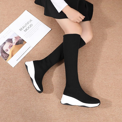 Over-The-Knee Long Boots 2025 Winter New Elastic Sock Boots Fleece-Lined to Heattech, Slimming Look and Heightening Leather Boots Manufacturer Wholesale