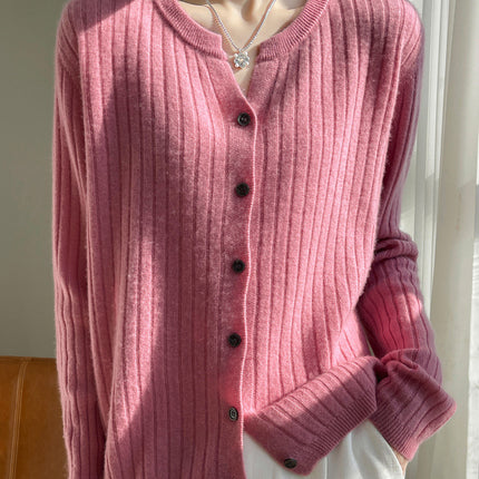 Autumn and Winter New Versatile Loose Sweater Niche Short Cardigan with Round V-Neck Design Ribbed Knit for Women