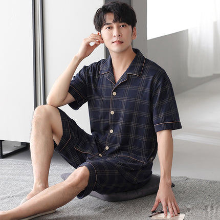 New Cotton Pajamas Men's Summer Short-sleeved Shorts Cardigan Lapel Home Clothes Summer Plus Size Loose Set