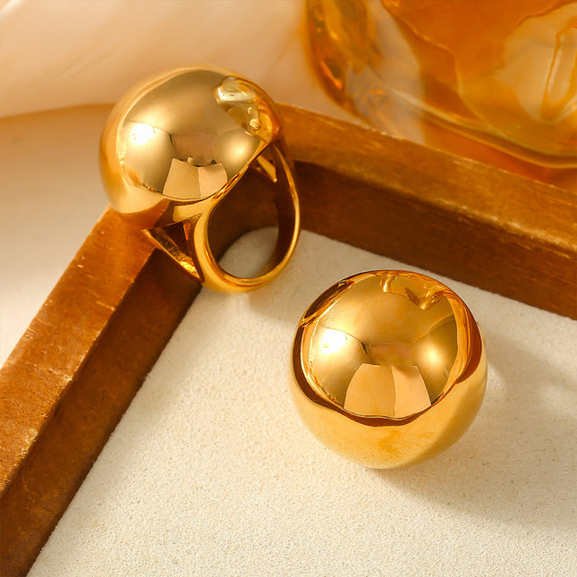 French retro chubby spherical ring personality exaggerated design stainless steel plated 18k real gold ring wholesale