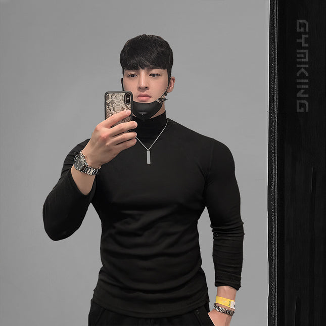 Men's Autumn and Winter Turtleneck Long-Sleeved Bodysuit Pure Color Training T-Shirt Sports Trendy Brand Fitness Clothes Sports Trendy