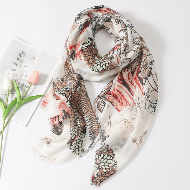 Foreign trade cross-border plant flower 135cm cotton and linen hand feeling large scarf women's long Burr travel sunscreen beach towel