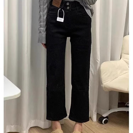 Black High-waisted Jeans Women's Spring and Autumn New Slimming plus size chubby girl Pear-shaped Body Cropped Straight Pipe Pants