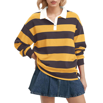 2025 European and American Cross-Border Long-Sleeved Stripesd T-Shirt Autum New Casual Versatile Loose Lapel Top