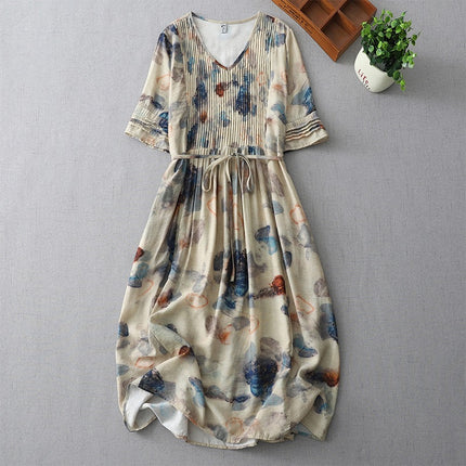 Real Shot High-end Sense V-neck Cotton Mid-sleeve dress 2025 Summer New Loose French Style Organ Pleat Print Dress