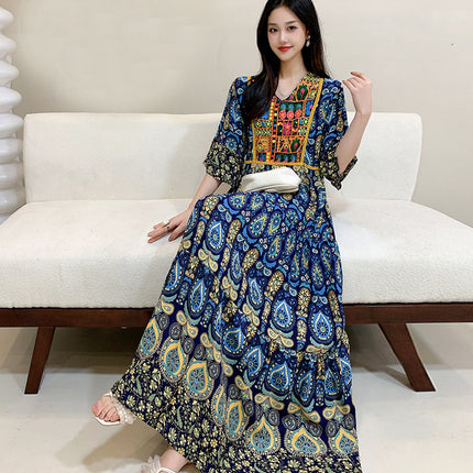 Amazon Cotton Silk Beach Dress Ethnic Style Large Swing Dress V-Neck Mid-Sleeve Dress Embroidered Vintage Floral Long Dress