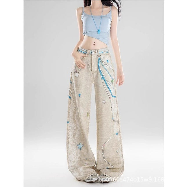 American Retro 3D Chain Print Women's Jeans Summer New Loose Slimming Wide-Leg Floor-Length Pants