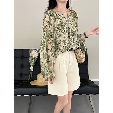 Tao Chuan Niche Color ~ Retro Slimming Green Floral Lantern Sleeve Micro-transparent Sunscreen Shirt Women's 2022 Summer 0867