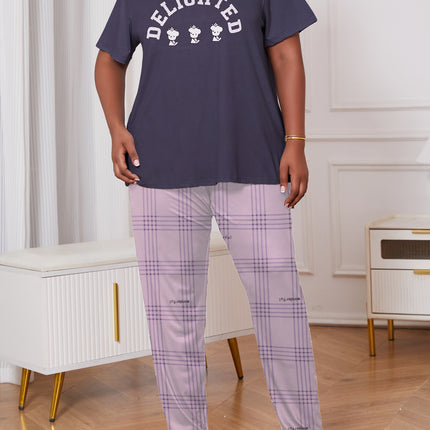 Cross-border plus size Pajamas Women's Spring and Summer Wearing English Printed Short-sleeved Plaid Cropped Pants Pajamas Two-piece Set