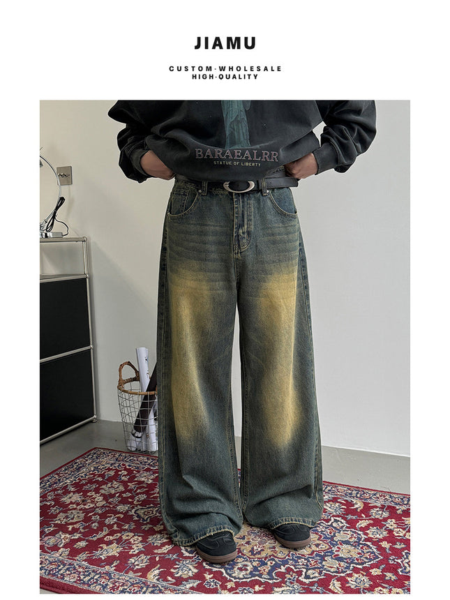 JIAMU American Style Loose Autumn and Winter Type A oversize Neutral Style Straight Tube Micro Wide Leg Jeans for Men and Women
