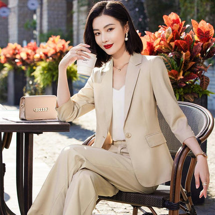 Green Wide-leg Pants Suit suit Women's Summer Thin 2023 High-end New Elegant Casual Cropped Sleeve Small Suit