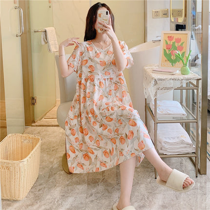 Cotton Silk Nightgown for Women, Summer Thin Short-Sleeved Printed Large Size Nightgown, Pregnant Women Can Wear It Outside, Cool Rayon Home Clothes
