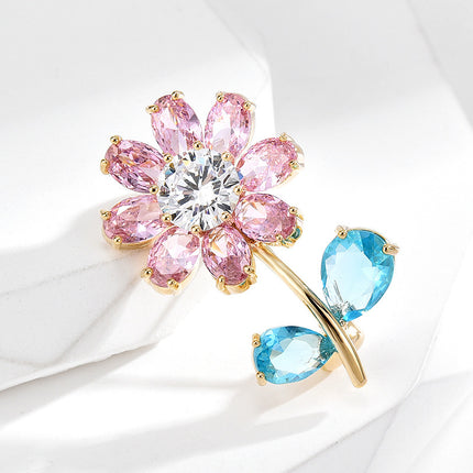 Clear and Cute Pink and Blue Zirconium Flower Brooch, Shiny Niche Exquisite Corsage, Anti-Exposure Fixed Clothing Pin Accessories