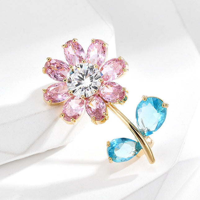 Clear and Cute Pink and Blue Zirconium Flower Brooch, Shiny Niche Exquisite Corsage, Anti-Exposure Fixed Clothing Pin Accessories