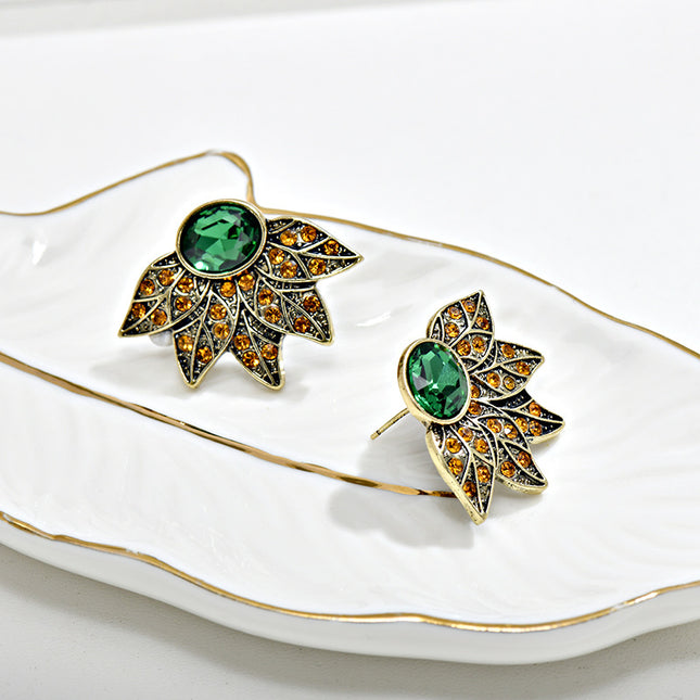 Cross-Border European and American Full Diamond Leaf Earrings Retro Crystal Hd Marking Sea Silver Needle Diamond Leaf Petal Earrings