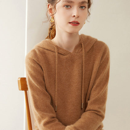 Light Luxury Solid Color 100% Pure Cashmere Hoodie for Women, Versatile for Commuting, Loose Knit Base Hoodie, Loose Fit