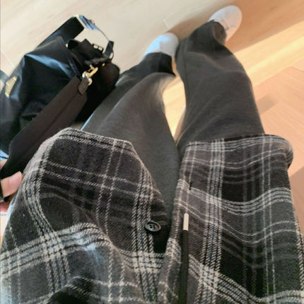 Light Turmeric/Black and White Gray Handsome Plaid Oversize Woolen Hooded Shirt Top for Women Autumn