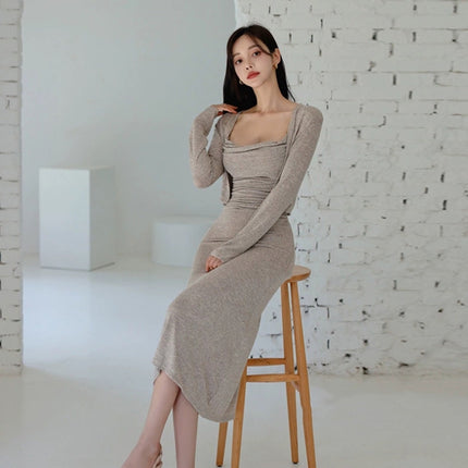 South Korea Dongdaemun Spring and Summer New Elegant Slim Figure Sling dress Long-sleeved Cardigan Two-piece Set for Women