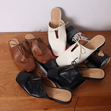 Handmade Shoes ~ Leather Muller Shoes Half Slippers Women's Outer Wear Low Heeled Square Bow One Pedal Lazy Shoes