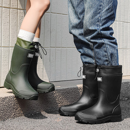 Korean-Style Couple's Mid-Calf Rain Boots with Drawstring, Waterproof Rain Shoes for Outdoor Activities, Thick-Soled Water Shoes, Non-Slip Kitchen Thick-Soled Rubber Shoes