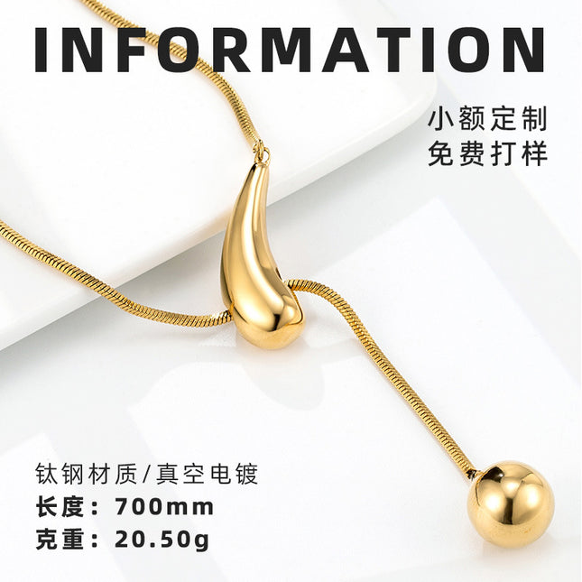 Creative drawstring water drop ball necklace titanium steel electroplating 18K gold high-grade sweater chain women's simple pendant wholesale