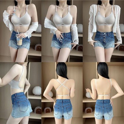 Summer Outer Expansion U-Shaped Back Bra for Women Without Rims, Sexy Shoulder Straps, Cross Halter Style, Jelly Peach Soft Support