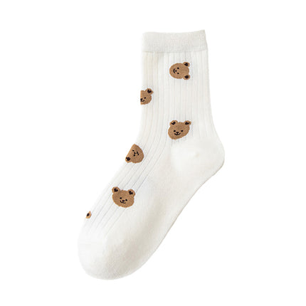 Popular online popular white women's socks solid color embroidered bear Japanese stockings cute high-top cotton socks Zhuji wholesale