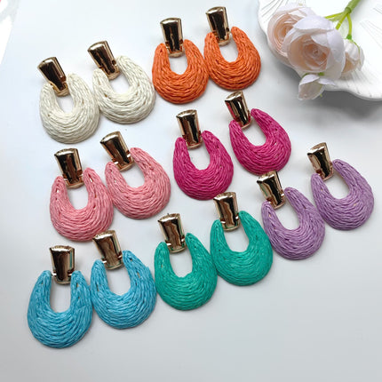 Cross-border Hot Selling European and American Color Rafi Grass Earrings Geometric Round Earrings Hand-woven Earrings for Holiday Ears