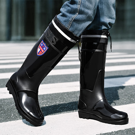 Black High-Tube Men's Rain Boots for Foreign Trade, Waterproof and Non-Slip Kitchen Shoes, Warm Mid-Tube Men's Water Boots, Rain Boots