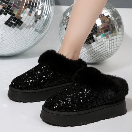2025 New Large-Size Women's Thick-Soled Plush Snow Boots with Sequin Upper, European and American Style Women's Short Boots