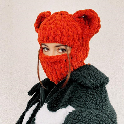 Bear Mask Headgear Sweet Cool Spice Girl Style European and American Handmade Knitted Thickened Wool Warm Hat Cute Autumn and Winter Hat