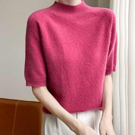 One-Piece Seamless Autumn and Winter Half-High Collar Five-Quarter Sleeve Knit Top for Women, Loose Short-Sleeve T-Shirt Knit Top for Layering