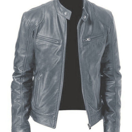 Foreign Trade Business Gentleman Warm Zipper Cardigan Pocket Decorative PU Leather Jacket Stand Collar Slim Fit Zipper Leather Jacket