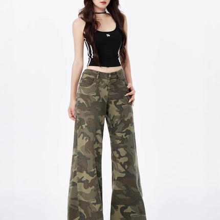 American High Street Military Green Camouflage Work Jeans Women's Straight Loose Retro Slightly Flared High Waist Casual Wide Leg Pants