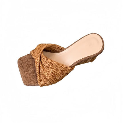 Gentle Retro Woven Square Toe Open-Toe Slippers for Women, Versatile High-Heeled Shoes for Outer Wear