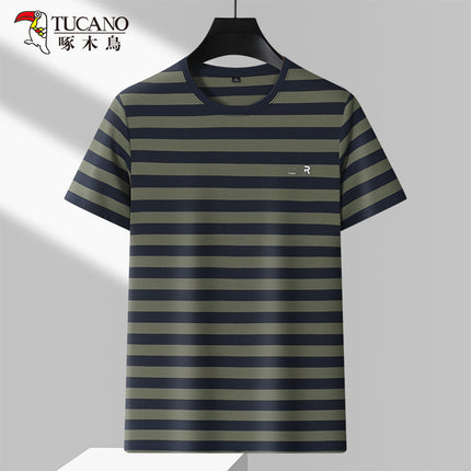 Woodpecker Men's Summer in stock Heavy Round Neck Shirt Striped Light Business Fit Casual Men's Top Simple