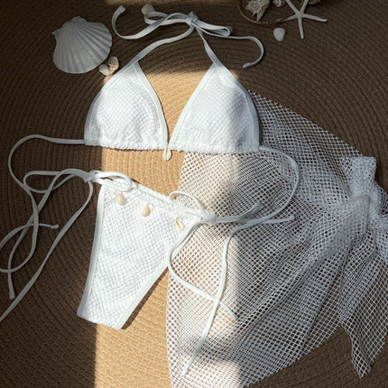 2025 European and American New Style Small Fresh Sexy Style Beach Shell Three-Piece Mesh Swimsuit Swimsuit Bikini Bikini