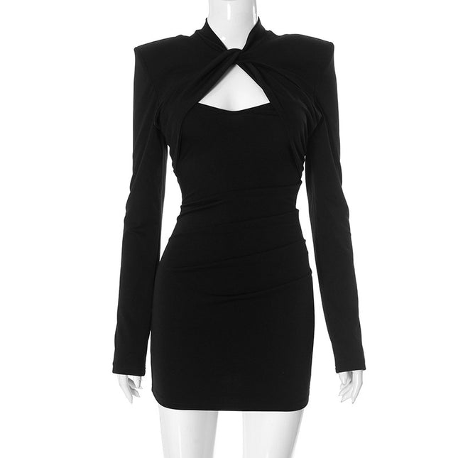Wish Cross-Border Popular European and American Fashion Solid Color Long-Sleeve Hollow-Out Stylish Sexy Elegant Bodycon Slimming Dress Trend