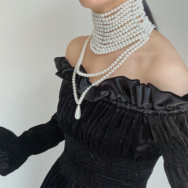 European and American Light Luxury Retro Handmade Multi-Layered Pearl Drop Tassel Necklace French Socialite Style Neck Ornament