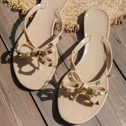 Cross-border Foreign Trade Europe and America Summer Clip Toe Bow Rivet Beach Holiday Flip-flops Flat Women's Sandals Slippers