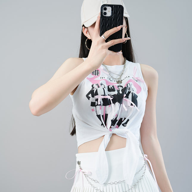 Korean Idol Zhang Yuanying's Same Style White Printed Tank Top Sleeveless Chain Pleated Skirt Short Skirt Stage Outfit Set Summer