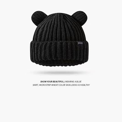 Bear plush knitted hat women's autumn and winter warm anti-fur pullover wool hat face-looking small sweet cute basin hat