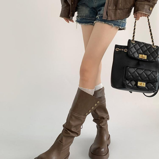 Maillard Brown Long Boots for Women 2025 New Spring and Autum Thick-Soled Retro High Knight Boots Pile Boots