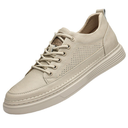Summer Hollow Invisible Height-increasing 8CM Board Shoes Cowhide Surface Breathable Youth Shoes Lace-up Platform Outdoor Sports Men's Shoes