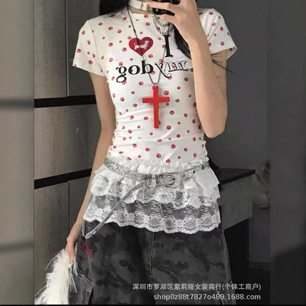 [40-Count Imitation Cotton Rib 1×1] American Retro Dog Paw All-Print T-Shirt Women's Summer Sexy Short Top