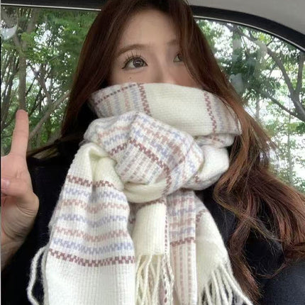 Korean Style Popular Plaid Scarf for Women, Thickened for Winter, Faux Cashmere, Warm Neck Warmer, Versatile for Students, Unisex, Cross-Border Wholesale, Fashionable