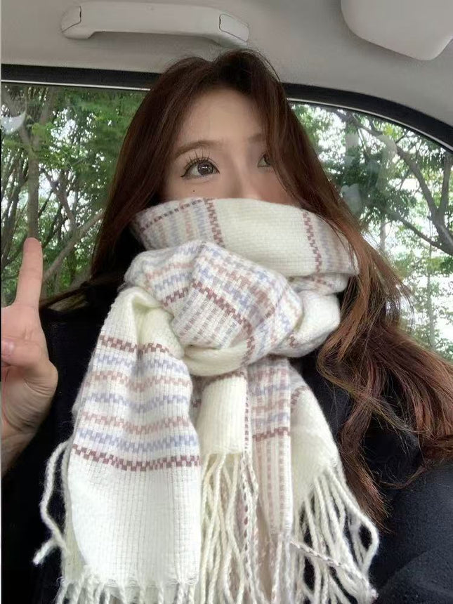 Korean Style Popular Plaid Scarf for Women, Thickened for Winter, Faux Cashmere, Warm Neck Warmer, Versatile for Students, Unisex, Cross-Border Wholesale, Fashionable